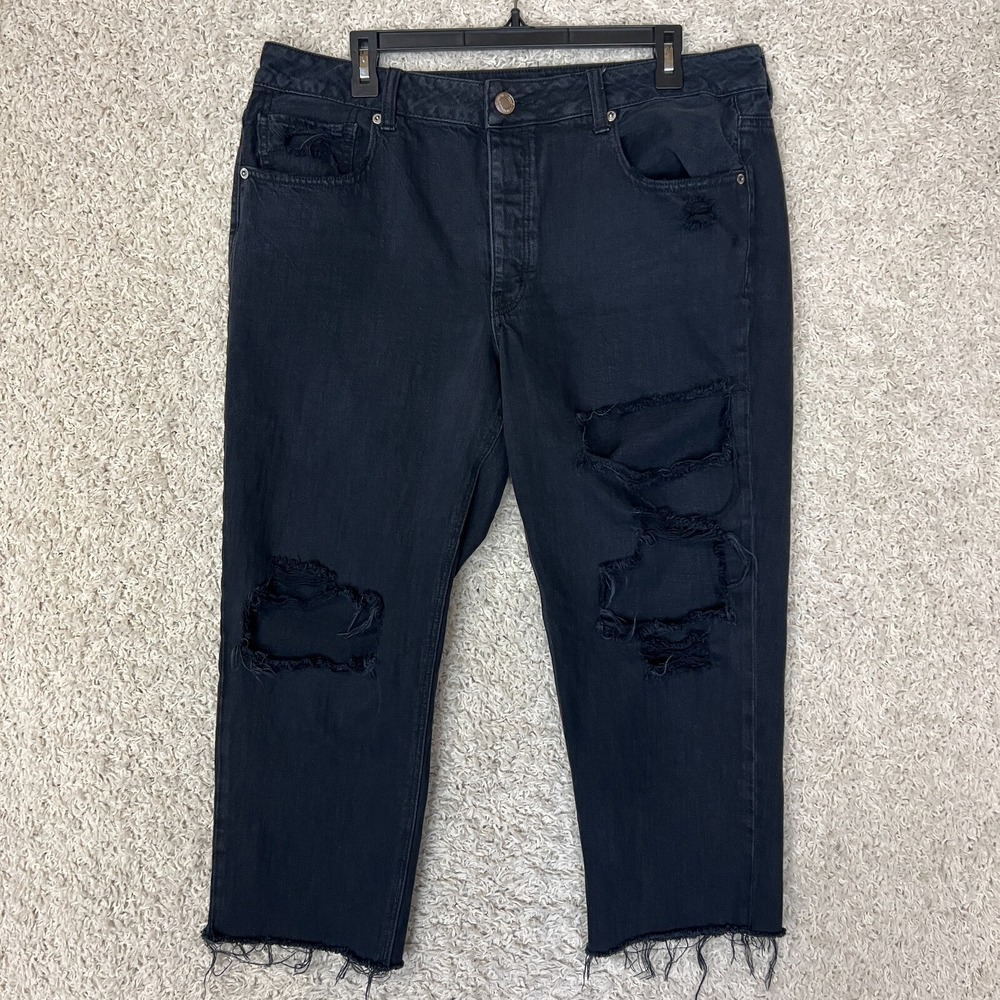American Eagle Tomgirl Jeans Womens 36 Black Distressed Denim Holes Frayed